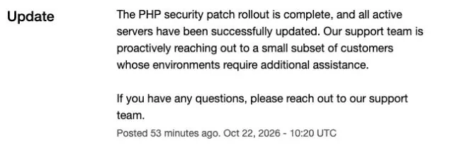 Cloudways’ official completion notice at 19:20 JST on October 22. The crop preserves both the all-active-server update and the additional-assistance condition. The displayed 10:20 UTC equals 19:20 JST.