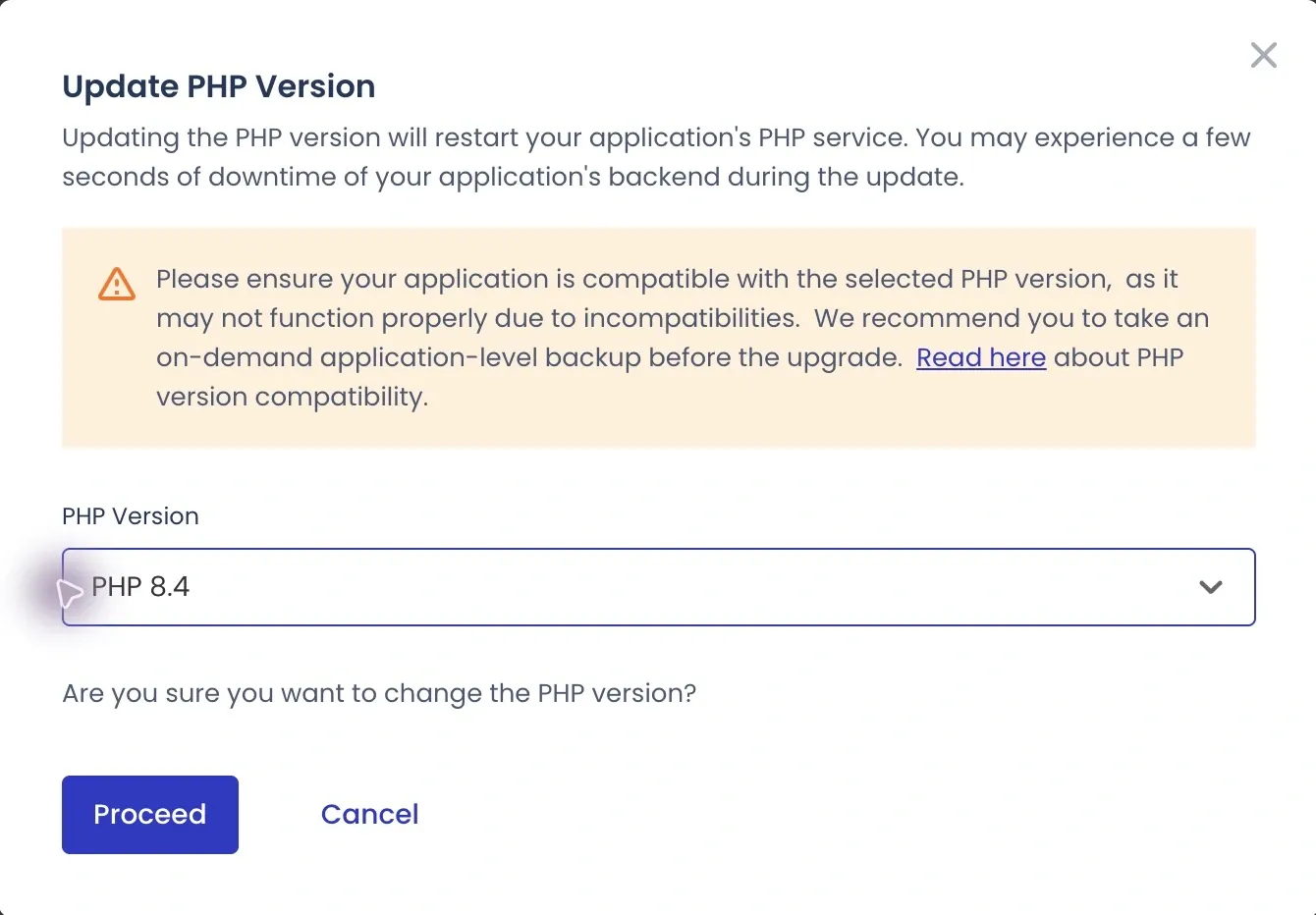 Actual pre-change screen: PHP 8.4 selection and restart/compatibility notice. Cropped to exclude personal information.