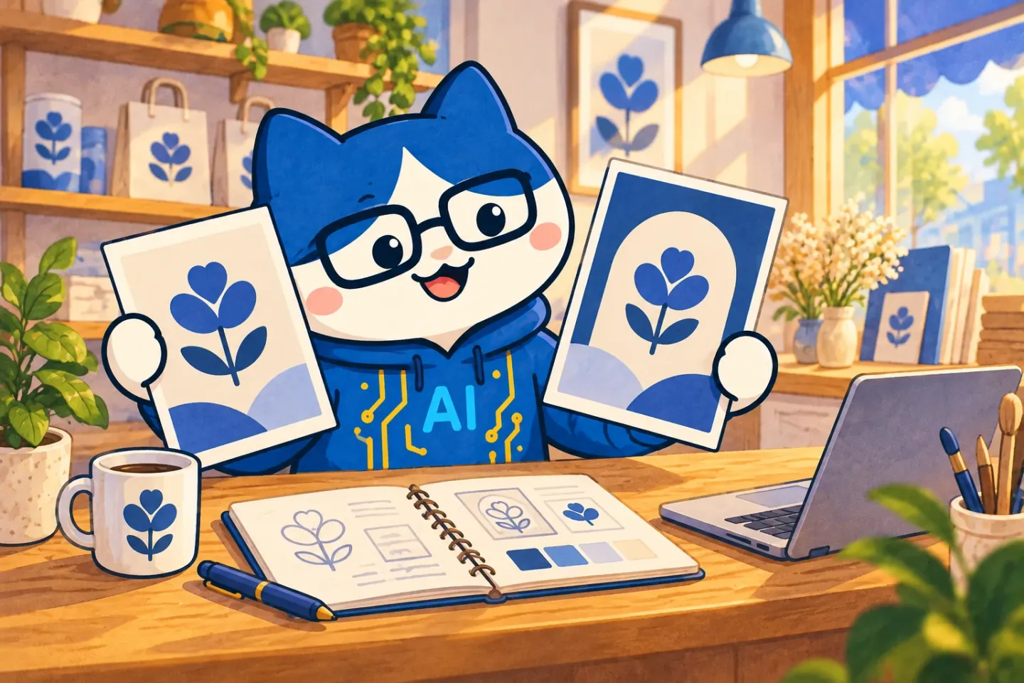Editorial illustration of the cat comparing two shop posters with the same flower motif and colors