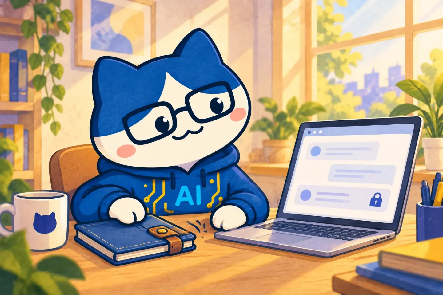 Editorial illustration of the cat beside a clasped notebook and a laptop with abstract chat cards