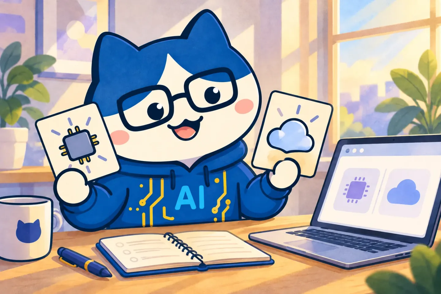 Reused editorial illustration of a cat researcher examining a laptop and information cards