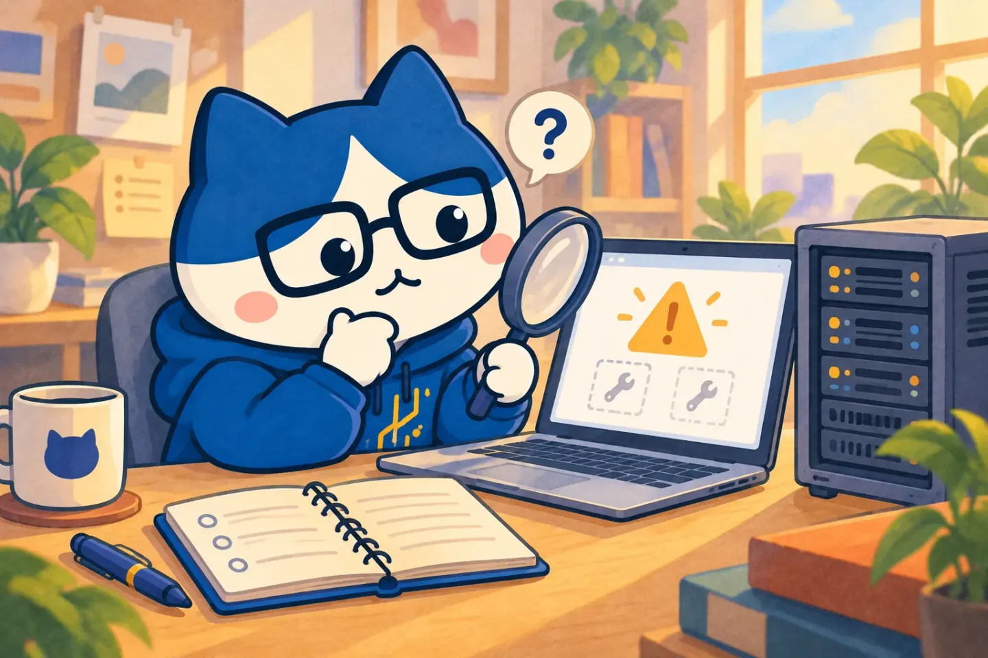 Reused PHP-series illustration of a cat researcher examining a server and laptop with a magnifying glass