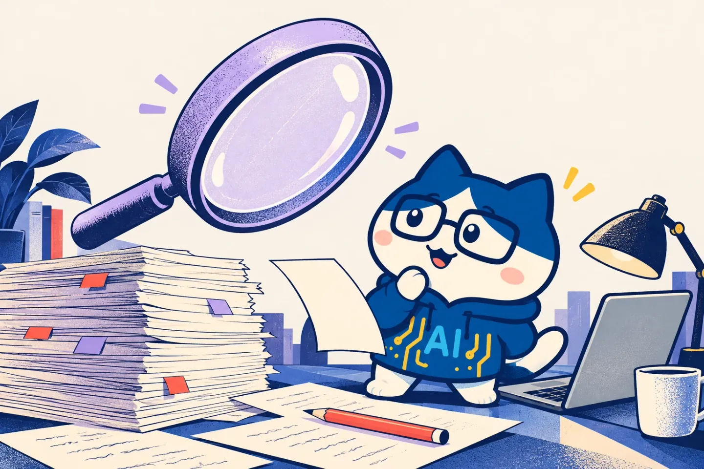 The Park Labs developer cat in blue AI hoodie and glasses investigates a manuscript and a magnifying glass