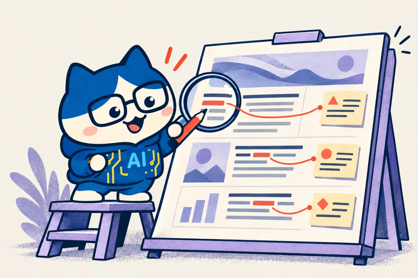 The researcher compares a manuscript's claims with notes · editorial illustration